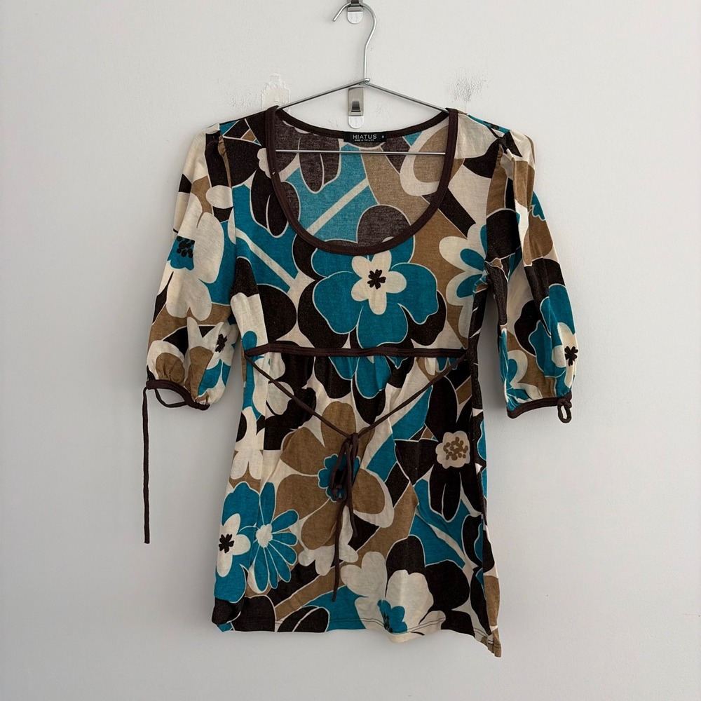 Hiatus Womens Floral Empire Waist Tunic Top Brown Teal Blue Size M
